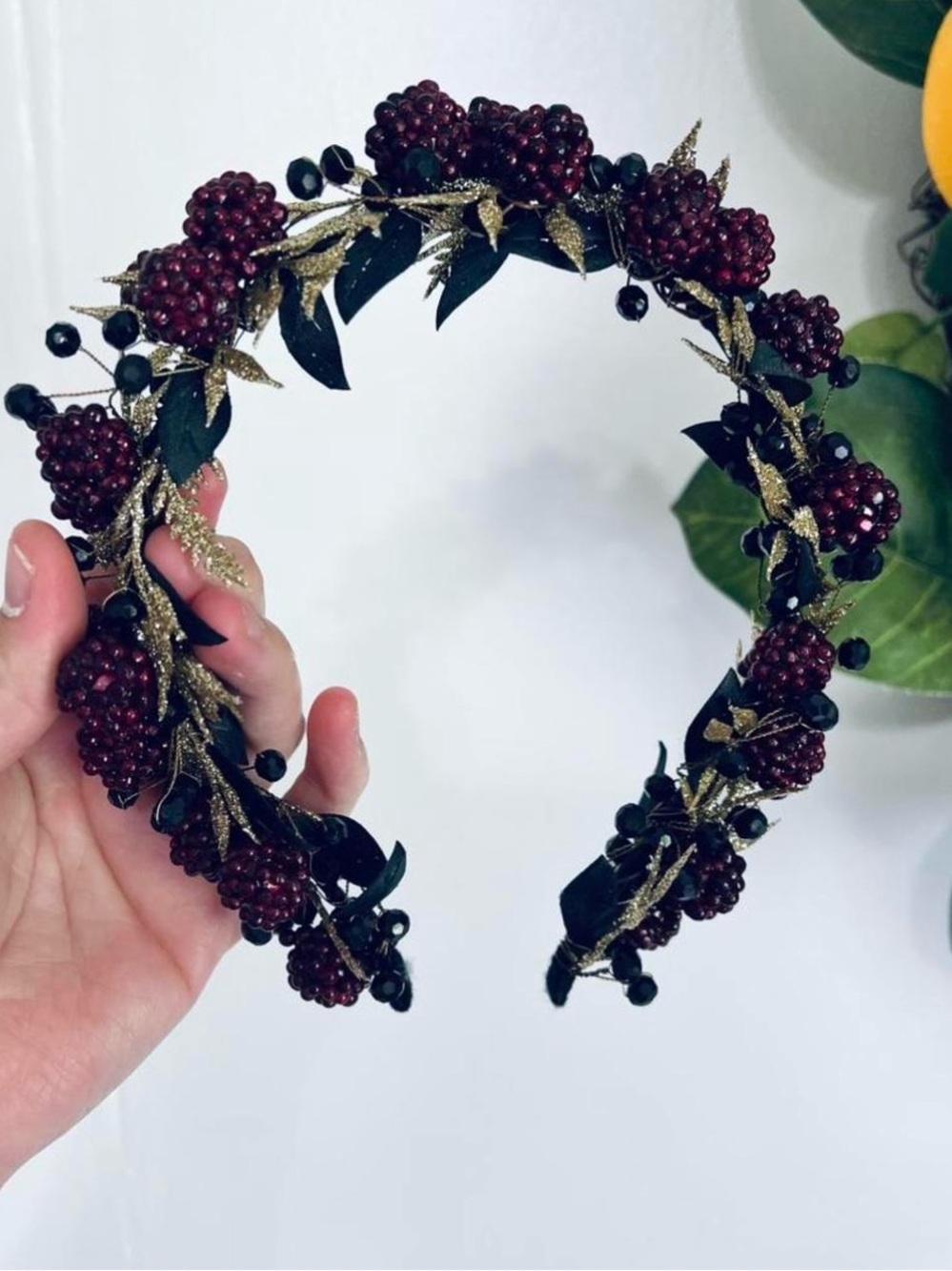 Floral Berry Black Bead flower Crown Headband Fairy Whimsy Ren Faire